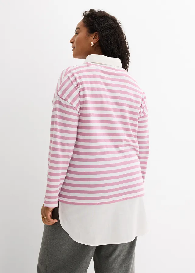Sweat-chemise 2en1, Couleur: mauve-blanc rayé