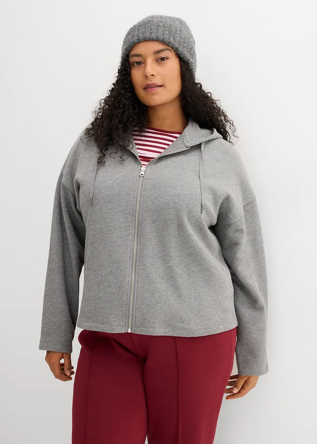 Sweat zippé coton, Couleur: gris chiné chiné