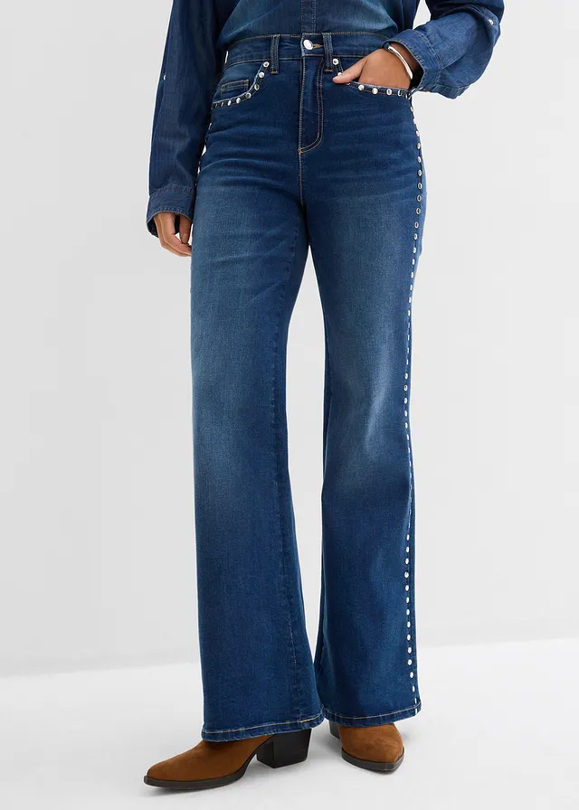 Flared jeans met studs, high waist, Kleur: blauw denim used