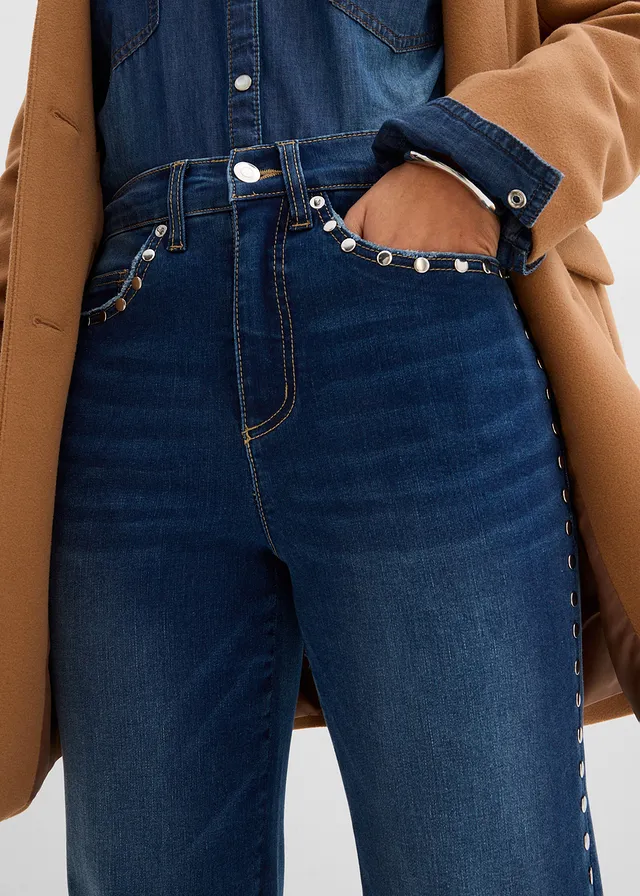 Flared jeans met studs, high waist • blauw denim used • product-page.page-title-suffix