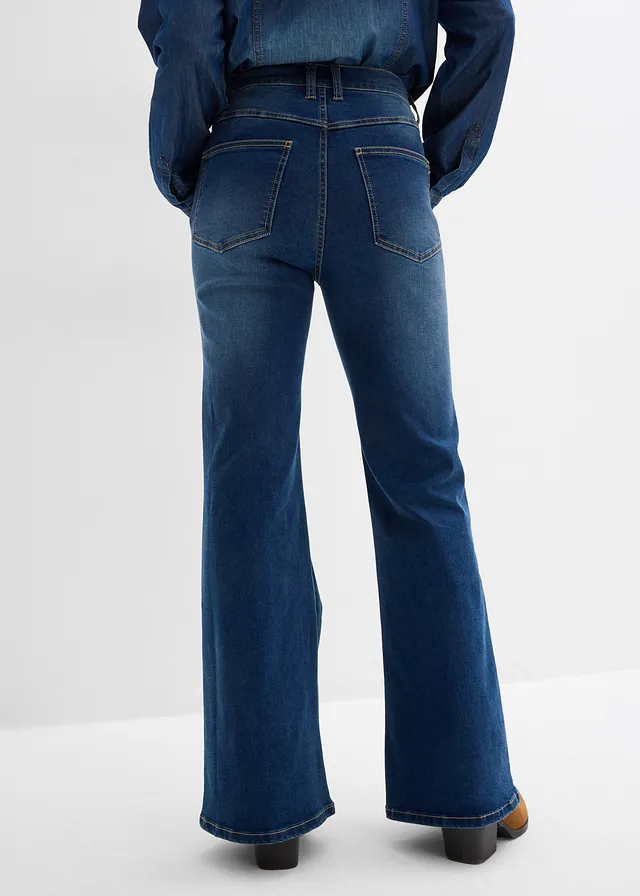 Flared jeans met studs, high waist, Kleur: blauw denim used