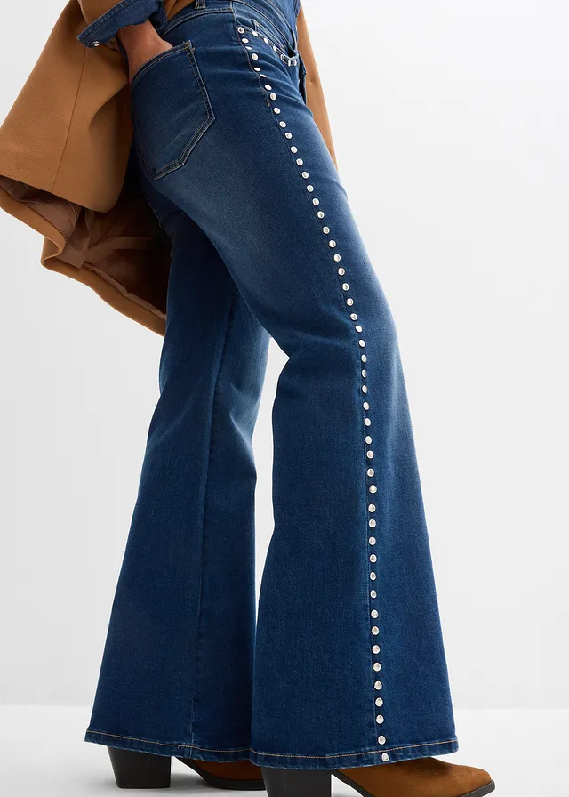 Flared jeans met studs, high waist • blauw denim used • product-page.page-title-suffix