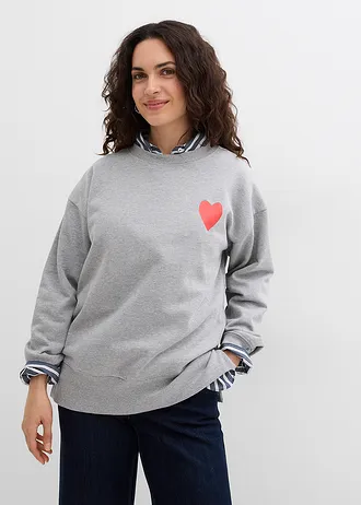 Oversized sweater van biologisch katoen, Kleur: lichtgrijs gemêleerd/aardbeirood