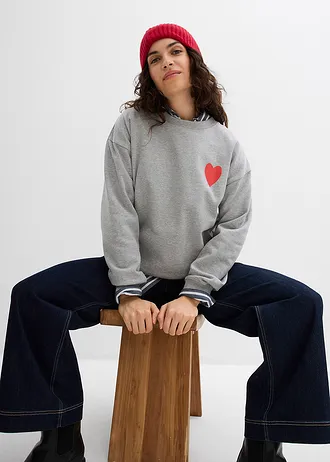 Bluză casual oversize din bumbac organic • gri deschis melanj/roșu-căpșună • magazin bonprix