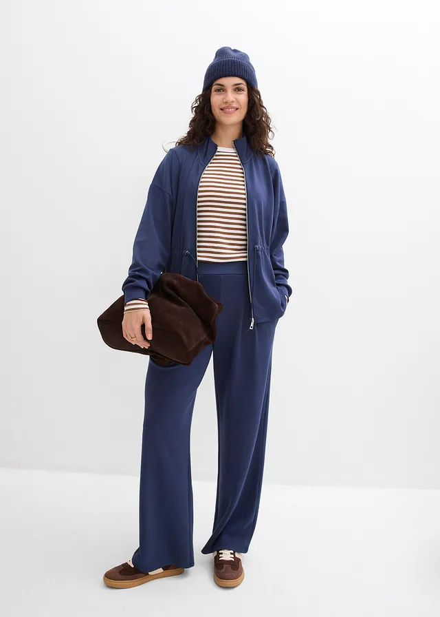 Pantalon en jersey néoprène à pinces, Couleur: bleu foncé
