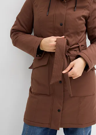 Krátky kabát, outdoor, nepremokavý, s opaskom, leopardia podšívka • hnedá • obchod bonprix