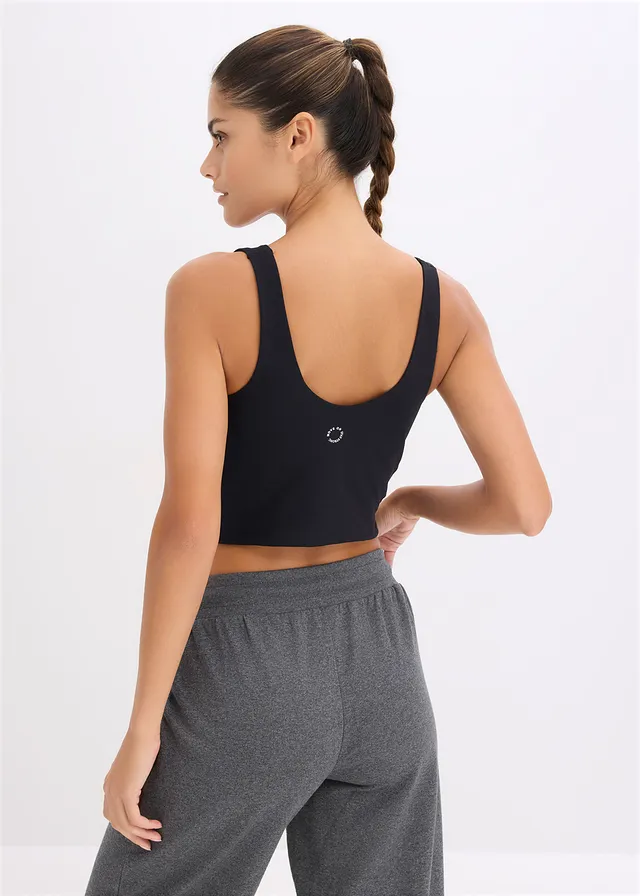Top de sport avec soutien-gorge intégré, maintien modéré et toucher coton, Couleur: noir