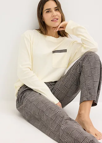 Pyjama van zacht katoen • ecru-zwart geruit • bonprix online shop
