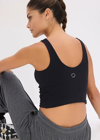 Sutien sport top cu susținere medie, din material cu textură de bumbac • negru • magazin bonprix