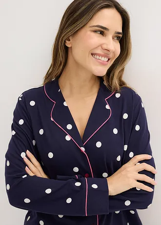 Pizsama puha pamutból • tengerkék-fehér pöttyös • bonprix áruház
