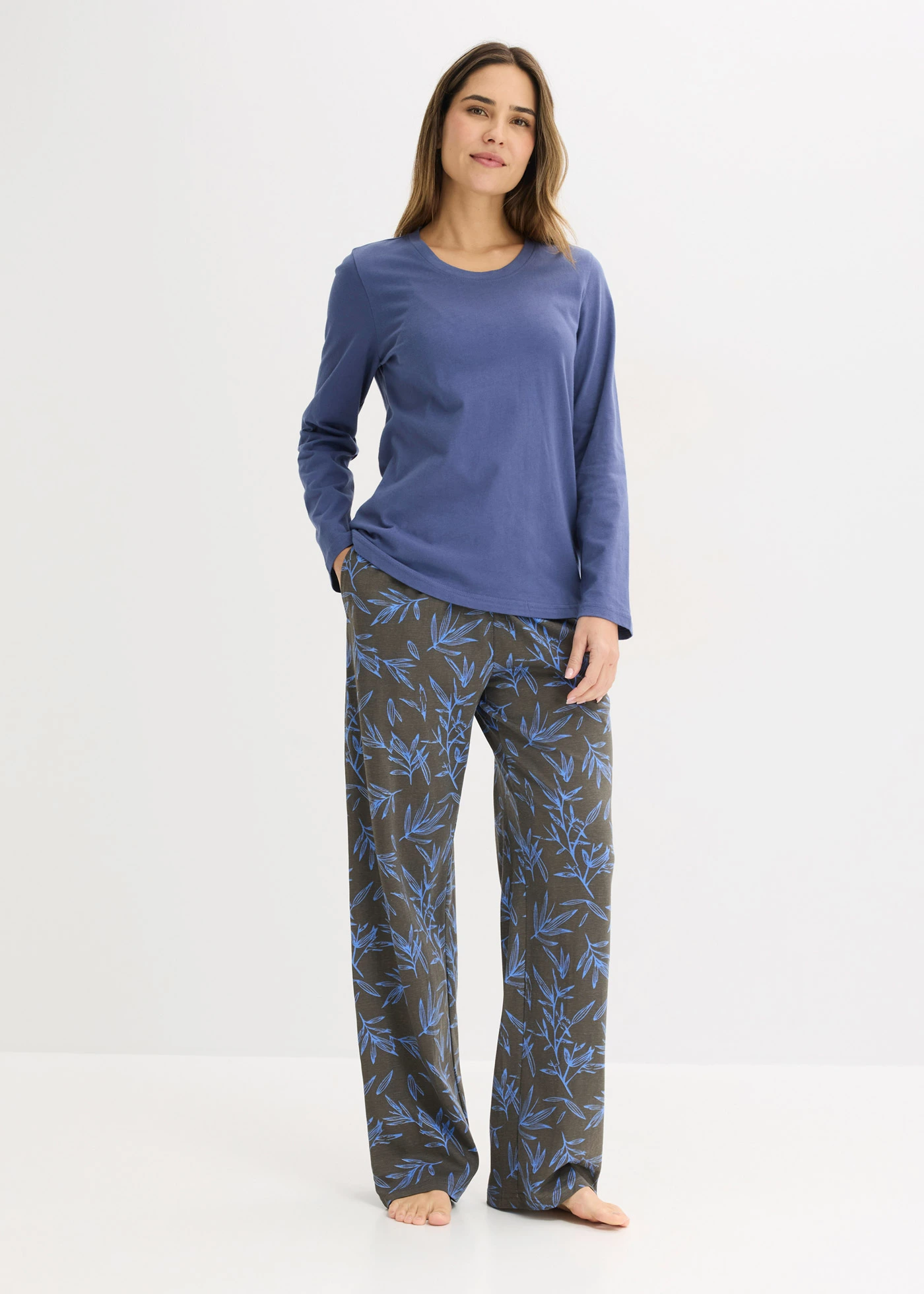 Piżama (3 części) z czystej bawełny • niebieski-szary granitowy z nadrukiem • sklep bonprix