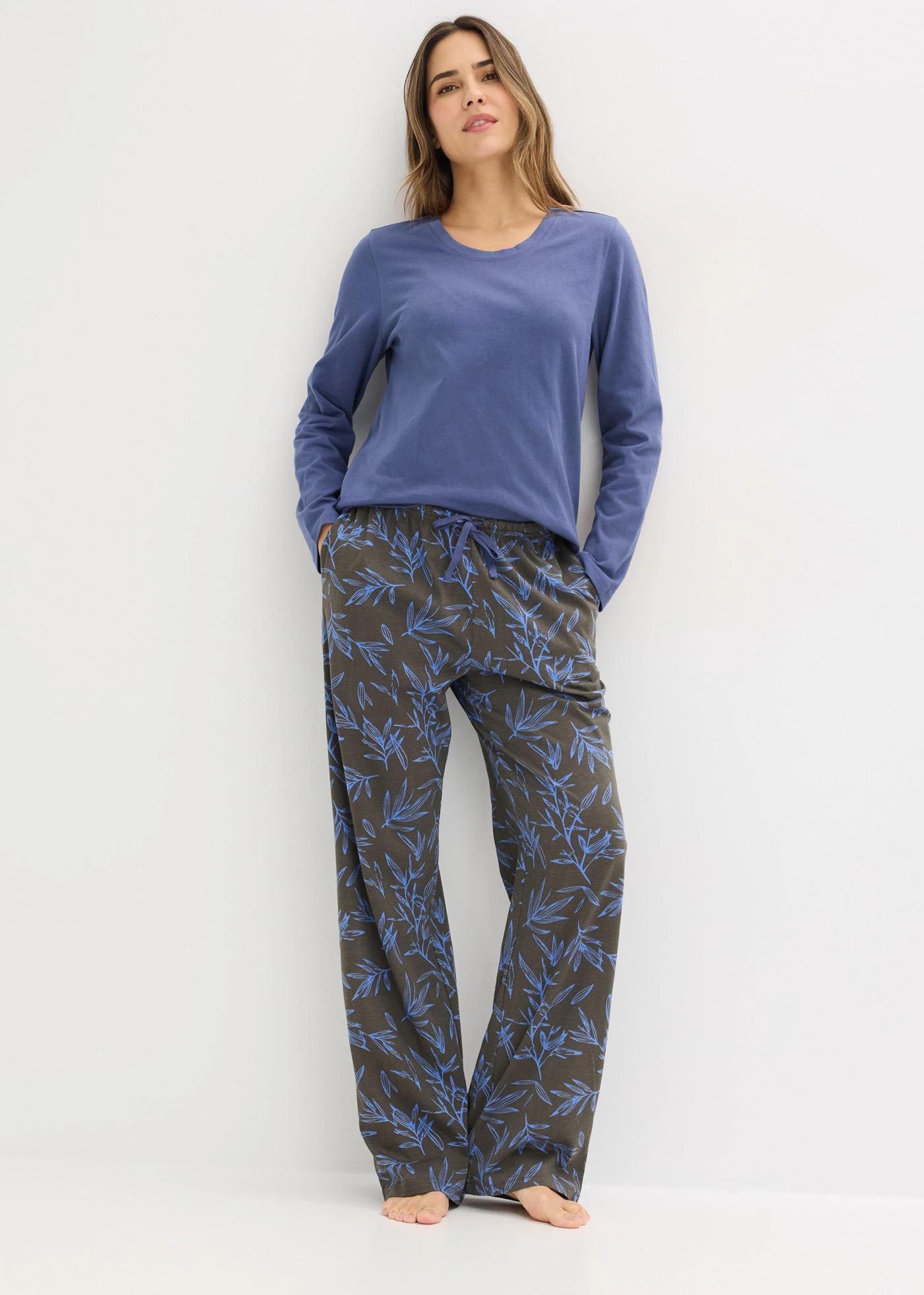 Pyjama 100% coton (2 bas et 1 haut) • bleu moyen-gris granit imprimé • Boutique bonprix