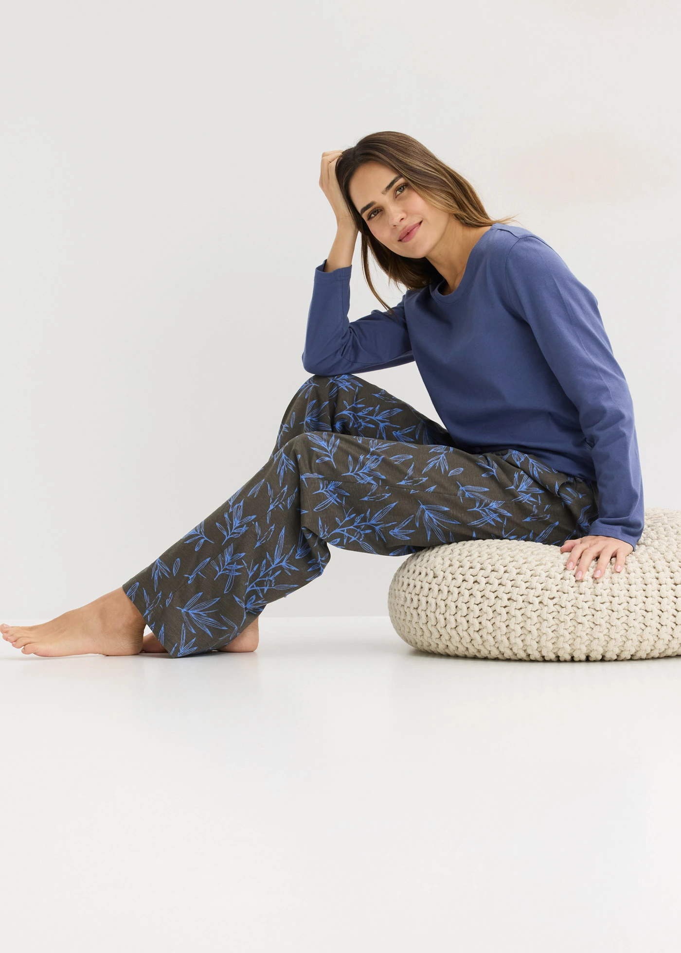 Piżama (3 części) z czystej bawełny • niebieski-szary granitowy z nadrukiem • sklep bonprix