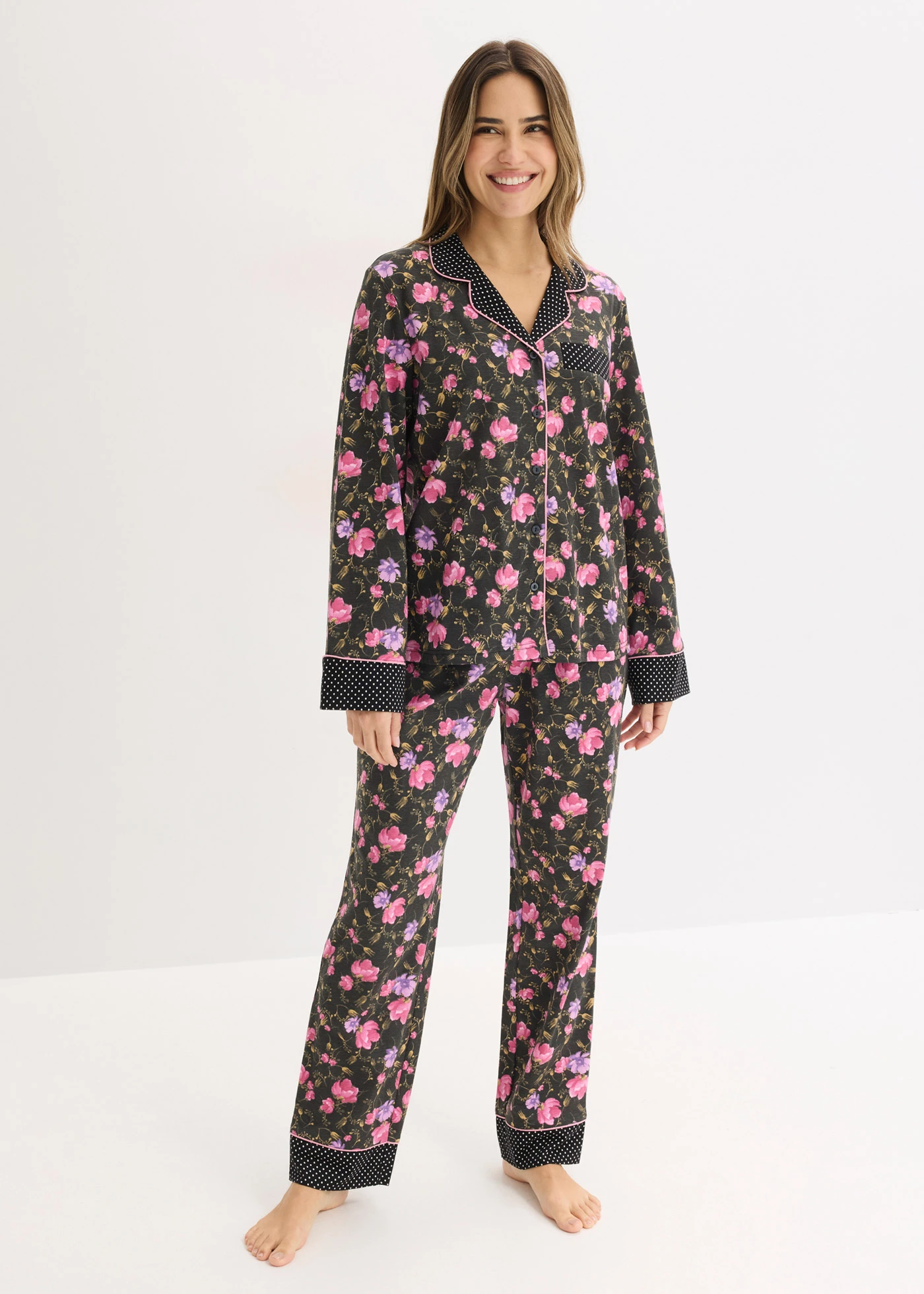 Pyjama 100% coton • noir floral-pois • Boutique bonprix