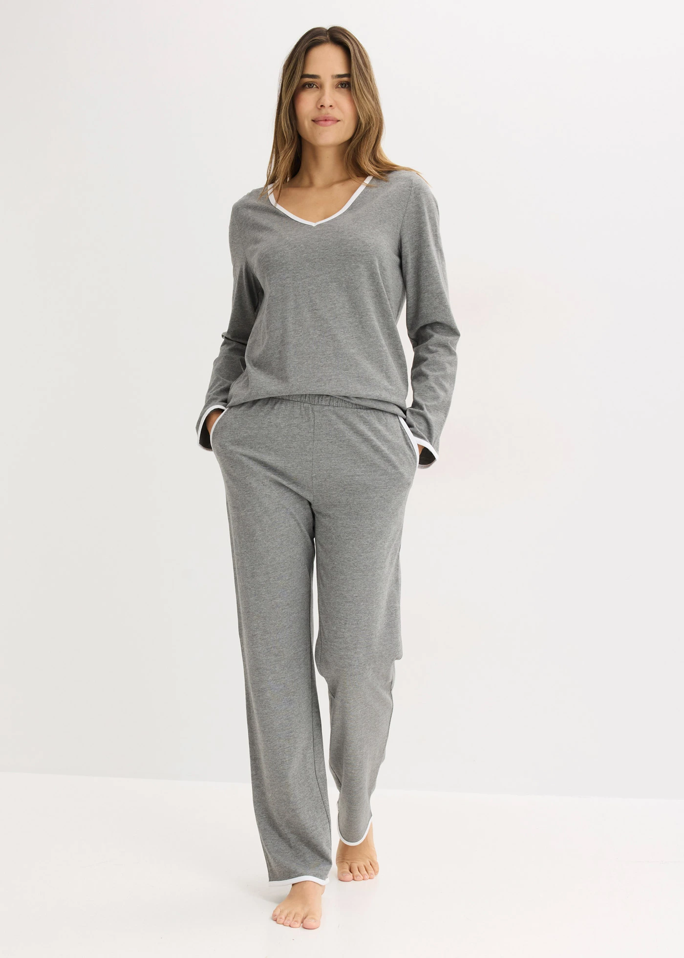 Pyjama 100% coton • gris chiné-blanc • Boutique bonprix