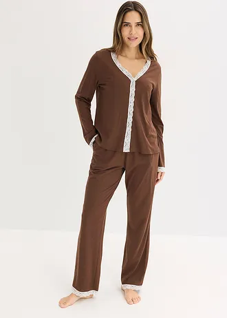Pyjama met knoopsluiting, Kleur: bruin-wolwit