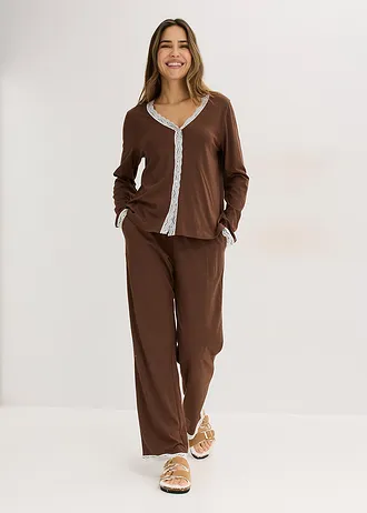 Pyjama met knoopsluiting, Kleur: bruin-wolwit