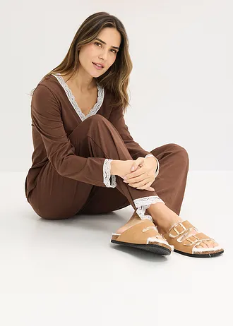 Piżama z plisą guzikową • brązowy-biel wełny • sklep bonprix