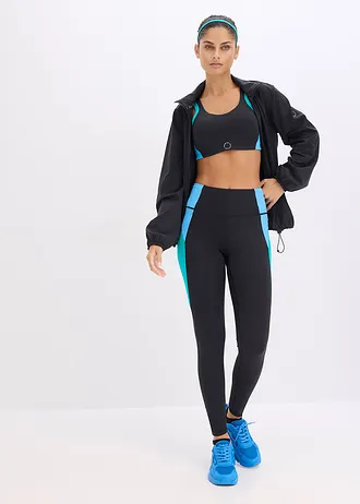 Legging de sport confortable à bande contrastante, séchage rapide, Couleur: noir-émeraude-bleu brillant