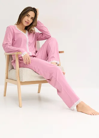 Pijama cu fentă cu nasturi • mov-maroniu-ecru • magazin bonprix