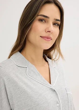 Pijama cu viscoză și fentă cu nasturi • gri deschis melanj/alb • magazin bonprix