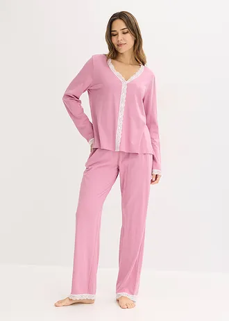 Pijama cu fentă cu nasturi • mov-maroniu-ecru • magazin bonprix