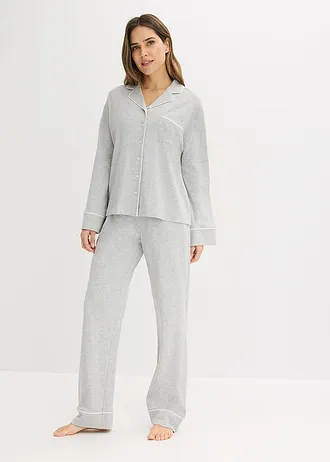 Pyjama met viscose en knoopsluiting, Kleur: lichtgrijs gemêleerd-wit