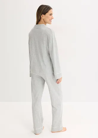 Pyjama met viscose en knoopsluiting, Kleur: lichtgrijs gemêleerd-wit