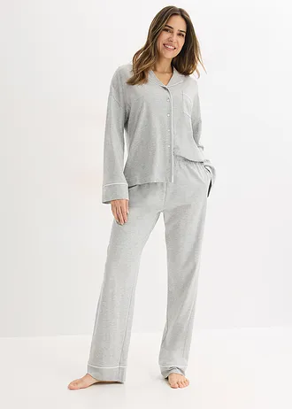 Pyjama met viscose en knoopsluiting, Kleur: lichtgrijs gemêleerd-wit