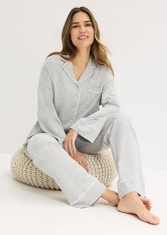 Pyjama boutonné • gris clair chiné-blanc • Boutique bonprix