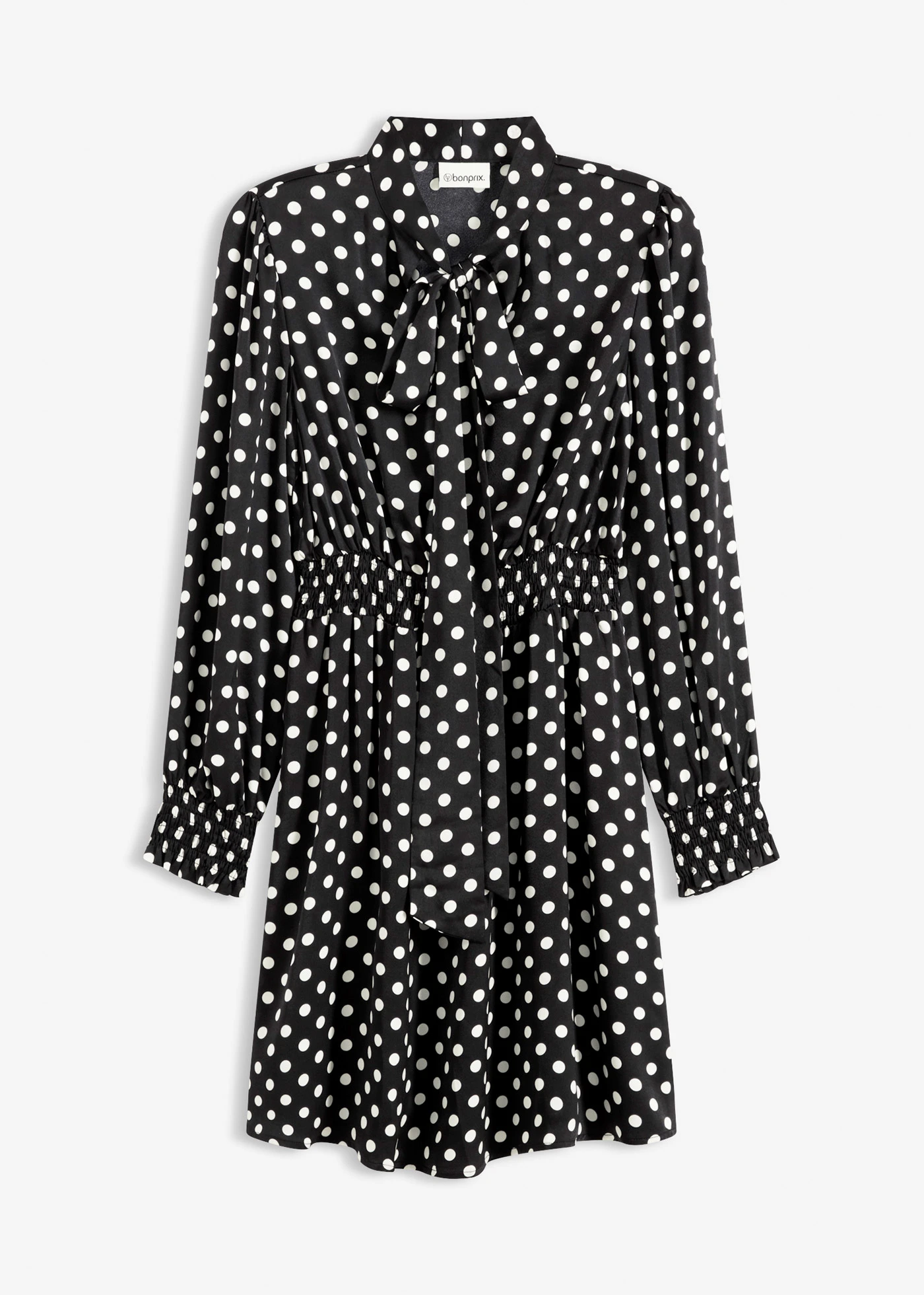 Rochie cu guler tip eșarfă, din satin fluid • negru-ecru cu puncte • magazin bonprix