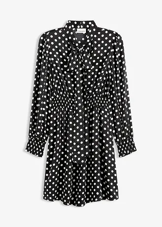 Rochie cu guler tip eșarfă, din satin fluid • negru-ecru cu puncte • magazin bonprix