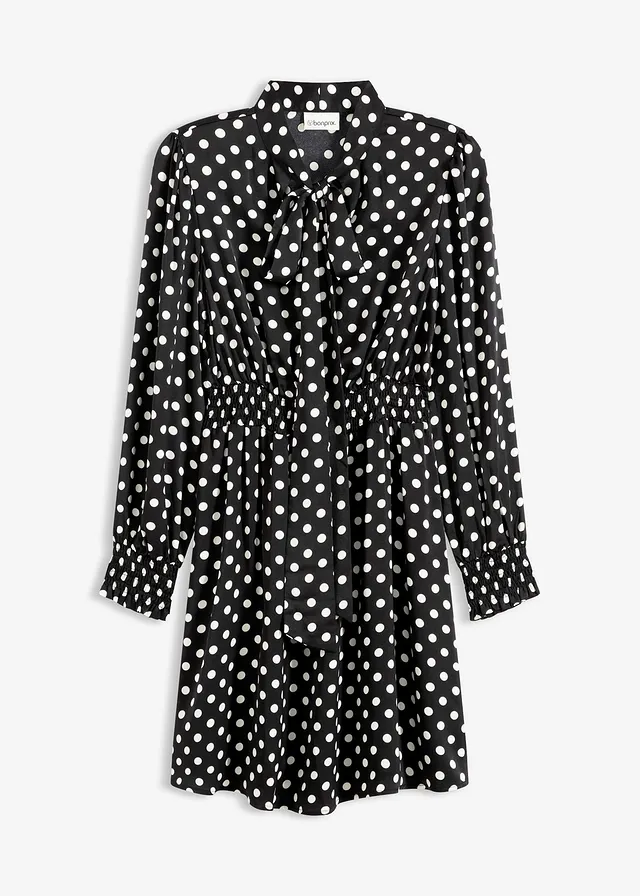 Rochie cu guler tip eșarfă, din satin fluid • negru-ecru cu puncte • magazin bonprix