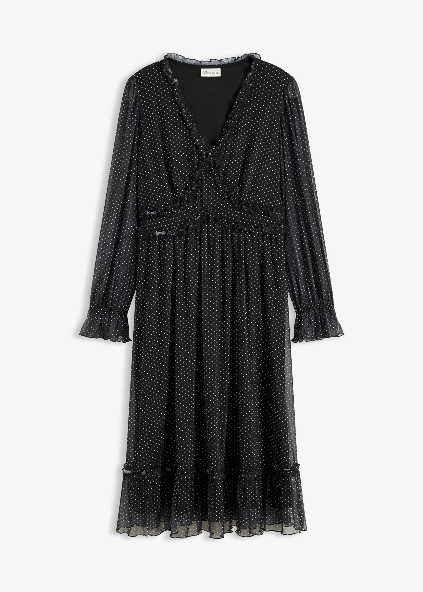 Rochie midi din mesh • negru cu puncte albe • magazin bonprix