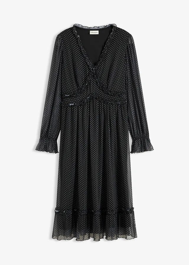 Rochie midi din mesh • negru cu puncte albe • magazin bonprix