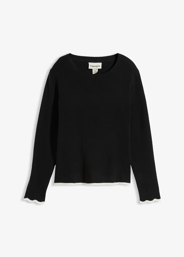 Bluză tricotată cu tiv în contrast • negru/alb • magazin bonprix
