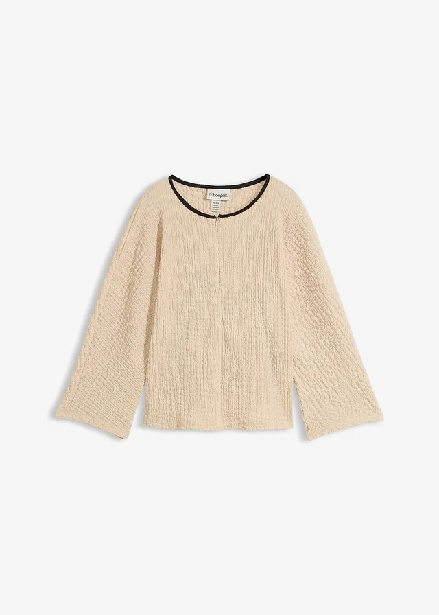 Oversized shirt met biezen in contrastkleur, Kleur: lichtsand-zwart