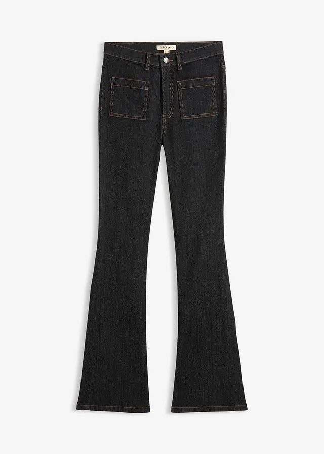 Bootcut-jeans met hoge taille, comfortabele tailleband, Kleur: zwart denim