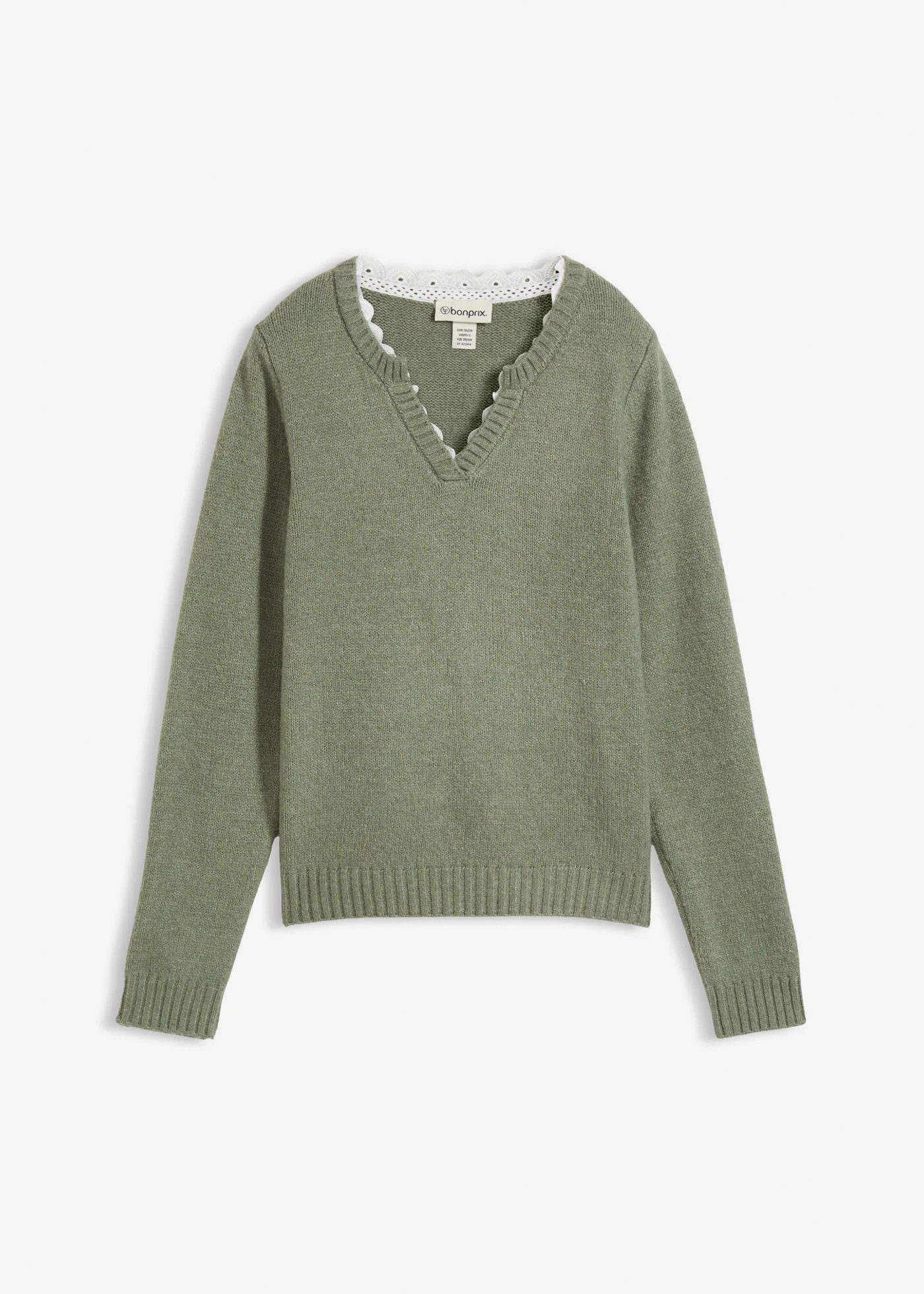 Sweter z koronkową wstawką • oliwkowy • sklep bonprix