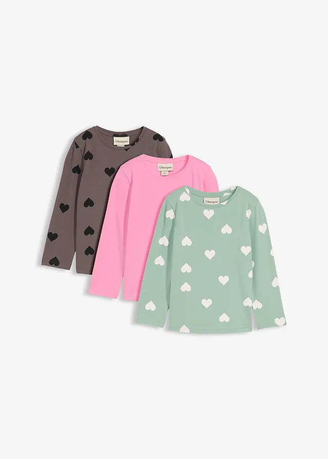 Lot de 3 T-shirts manches longues en coton extensible • vert pastel+rose glycine+anthracite imprimé • Boutique bonprix