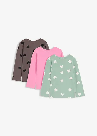 Longsleeve shirt van elastisch biologisch katoenmix (set van 3) • pastelgroen+bloesempink+antraciet met print • bonprix online shop