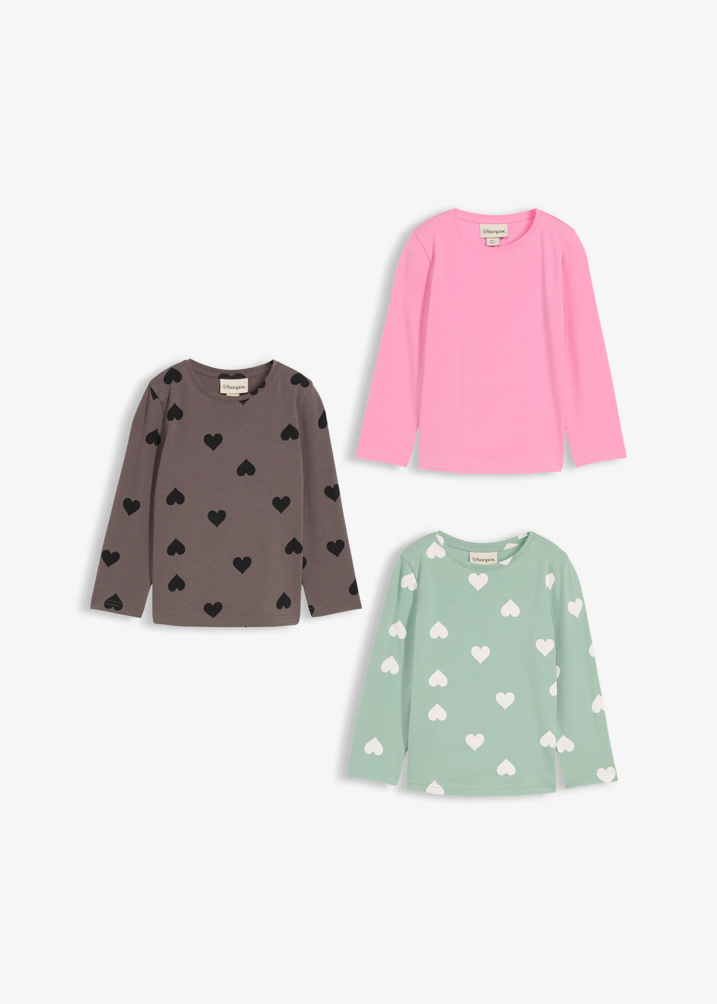 Longsleeve shirt van elastisch biologisch katoenmix (set van 3) • pastelgroen+bloesempink+antraciet met print • bonprix online shop