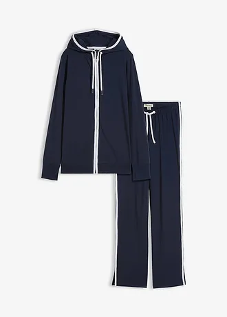 Stretch joggingpak van katoen (2-dlg. set), Kleur: donkerblauw/wit