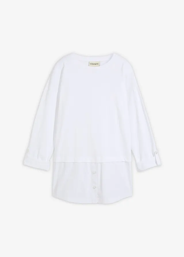 Bluză tricot cu inserție tip cămașă, din bumbac organic 100% • alb • magazin bonprix