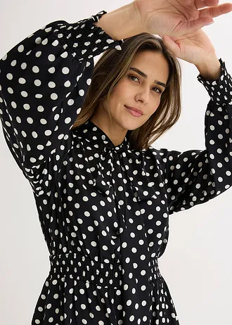 Rochie cu guler tip eșarfă, din satin fluid • negru-ecru cu puncte • magazin bonprix