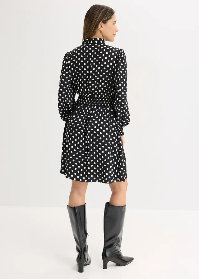 Jurk met strikkraag van soepel satijn • zwart/wolwit gestippeld • product-page.page-title-suffix