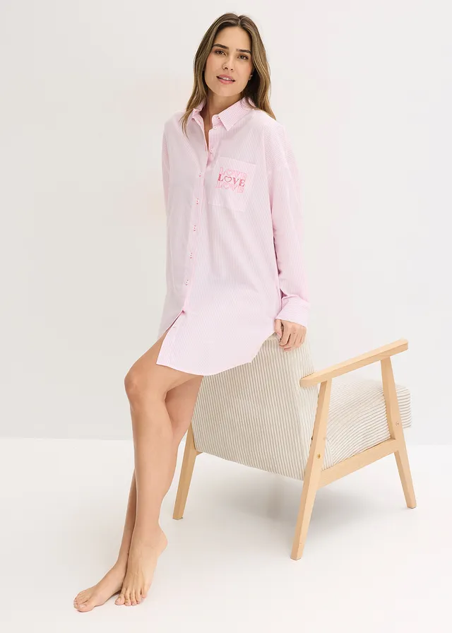 Chemise de nuit oversize tissée 100% coton • rose cristal rayé • product-page.page-title-suffix