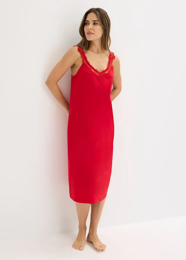 Nachthemd met kant, Kleur: salsarood