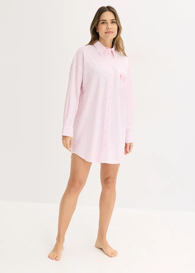 Chemise de nuit oversize tissée 100% coton, Couleur: rose cristal rayé