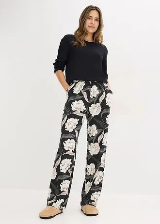 Pijama cu viscoză, pantaloni largi • negru înflorat • magazin bonprix